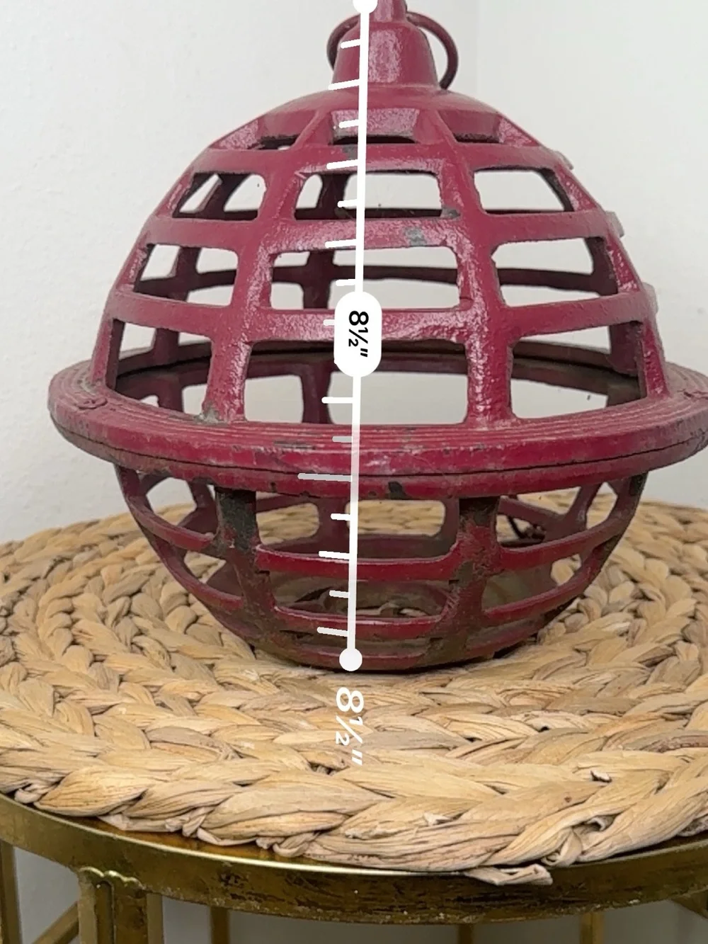 Vintage Japanese Hand-Cast Iron Orb Hanging Lantern Dark Red Maroon Garden Lamp
